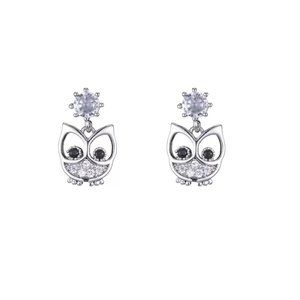 14k Gold Adorable Diamond Owl Earrings Sterling Silver